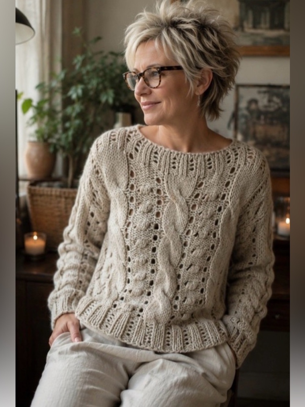 Skovhuus Denmark Oatmeal Cable Knit Sweater Wool Mohair Blend Cottage Nordic S/M
